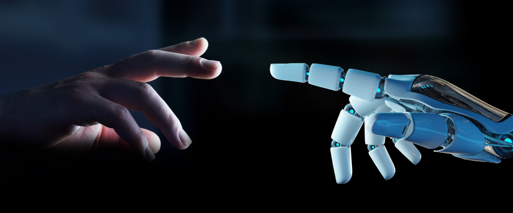 An image illustrating a harmonious collaboration between a human hand and a robot hand, poised in close proximity but not touching. This powerful visual symbolizes the idea that AI is designed not to replace humans but to complement and assist them, fostering a productive partnership between human intelligence and artificial intelligence