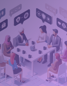 A group of professionals in business attire seated around a table, engaged in a lively discussion about information and cyber security topics, with coffee cups in hand. This image represents the collaborative and engaging atmosphere of the Information Security Open Tables event.